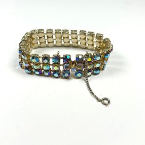 Vintage Aurora Borealis Rhinestone Triple Row Tennis Bracelet Gold Tone Safety